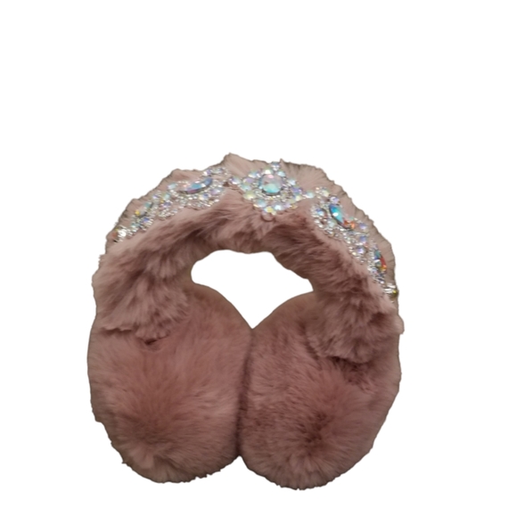 Blush Pink Faux Fur Crystal Embellished Earmuffs Earwarmers Rhinestone Headband - Picture 10 of 16